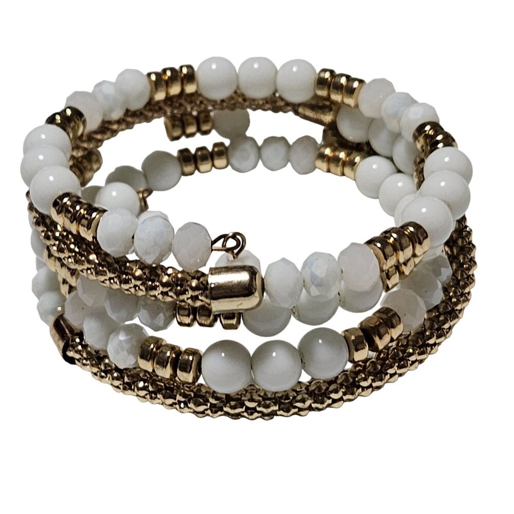 Elegant White Gold Beaded Coil Wrap Stacked Bracelet Fashion Jewelry Women